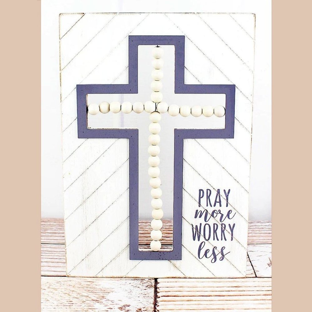 Wood Sign, Home Décor. Beaded Cross. Pray More Worry Less. NWT.